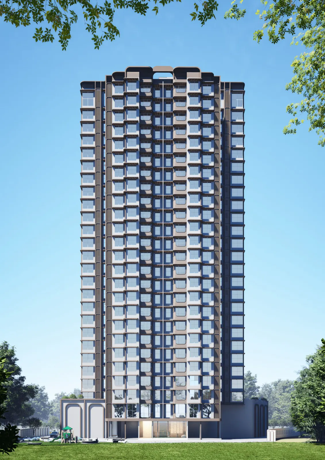 The Seasons Aura tower seen head on, above its ground-floor retail arcade, Chanakya Nagar, Kalyan West